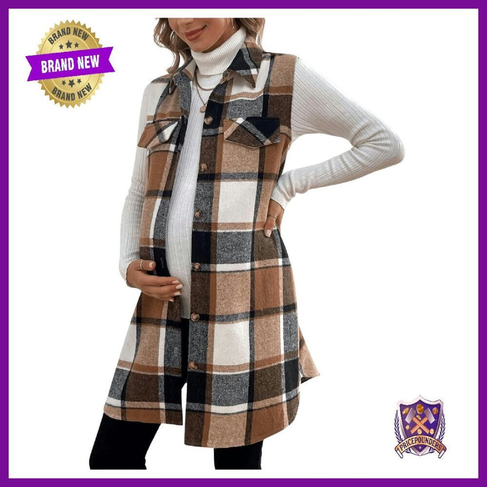 Maternity Vest Coat Plaid Collared Button Down Sleeveless Loose Fit